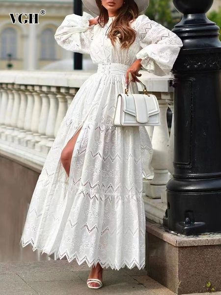 

urban dresses vgh vintage patchwork hollow out dress for women stand collar lantern sleeve gathered waist midi female clothing fashion 23071, White;black