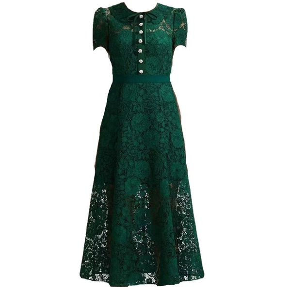 

new s-elf portrait green lace midi dress short sleeve fit&flare dress for women, Black;gray