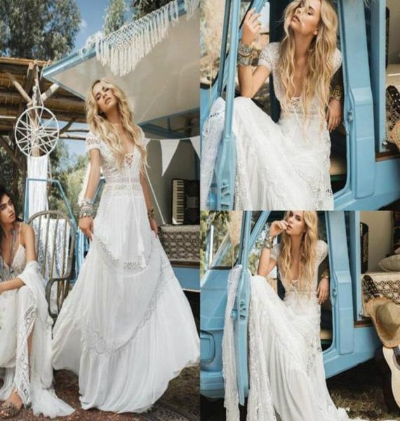 

bohemian wedding dresses deep v neck sweep train inbal raviv short sleeve chiffon applique country wedding gowns plus size3108471, White