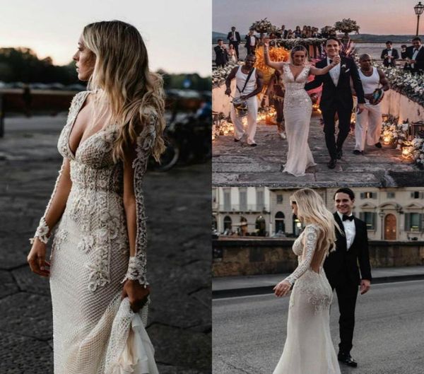 

2021 mermaid wedding dresses v neck long sleeves lace appliques bridal gowns custom made backless sweep train beach robe de soiree8321299, White