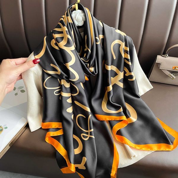 

2023 spring and autumn new luo family letter fashion simulation silk brocade women's temperament beach scarf tourism royal, Blue;gray