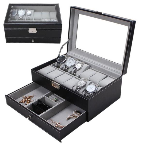 

professional 12 grids slots watches storage box pu leather double layers watch jewelry case holder black brown casket box 20191539518, Black;blue