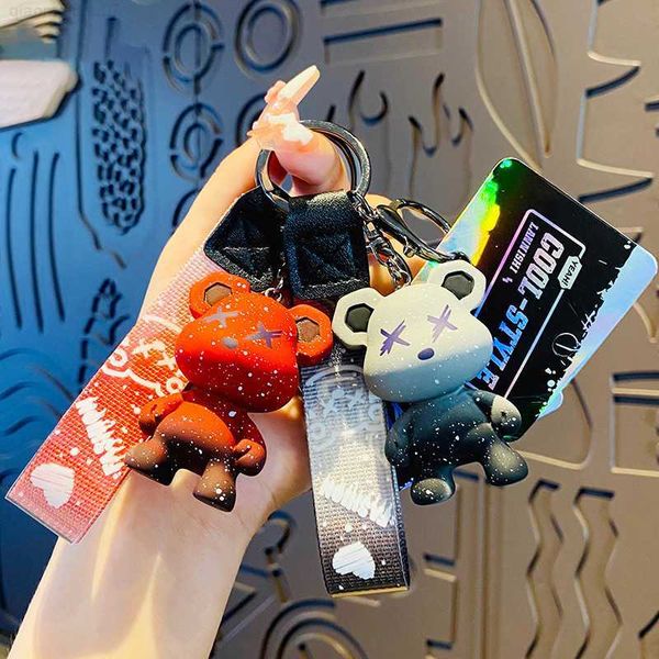 

key rings creative cartoon gradient bear doll keychain chameleon bear key chain couple bag charm pendant animal car accessories gift l230719, Slivery;golden