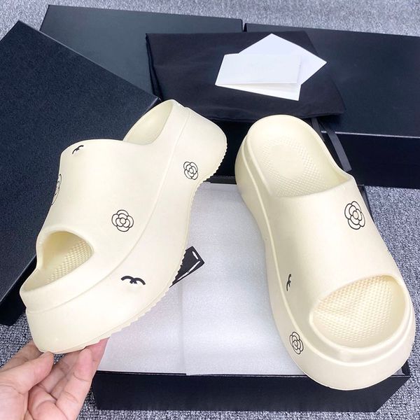 

womens platform heels 6cm slippers slip on sandals printing letter camellia flower slides rubber sole mules ladies soft beach shoe for party, Black