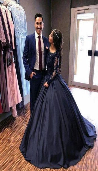 

2018 new fall winter navy blue long sleeve prom dresses lace satin masquerade ball gown african evening formal dress vestidos plus6964891, Black