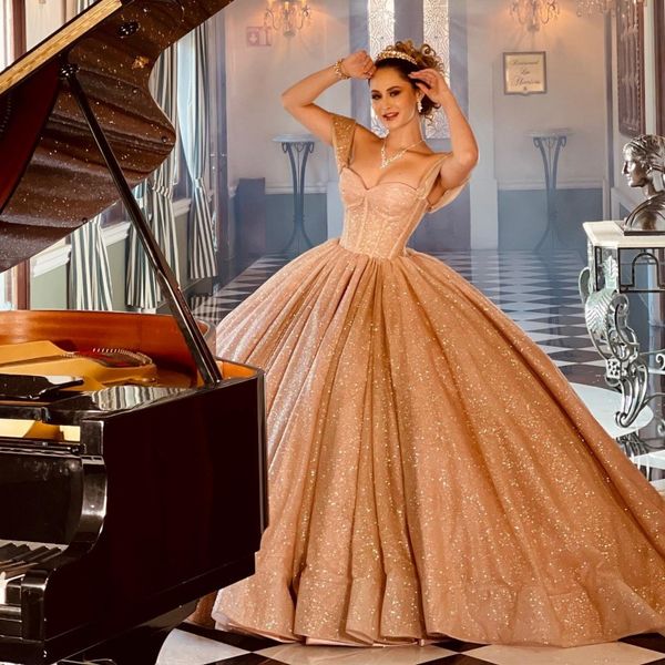 

gold shiny quinceanera dresses sleeves ball gown crystal vestidos de 15 anos sweetheart off the shoulder evening party dress, Blue;red