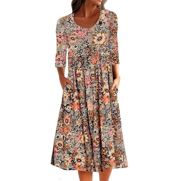 

womens dress summer fashioned floral mid sleeves loose casual pocket, Black;gray