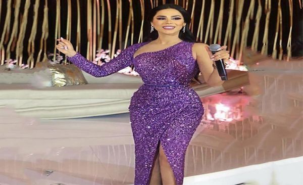 

one shoulder shiny sequines celebrity dress long sleeves mermaid glitter split side evening gowns red carpet dresses8860498, Black;red