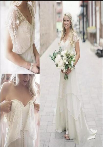 

2021 boho wedding dresses convertible v neck sweetheart short sleeves tiered chiffon skirt beach wedding bridal gown vestido de no2871287, White
