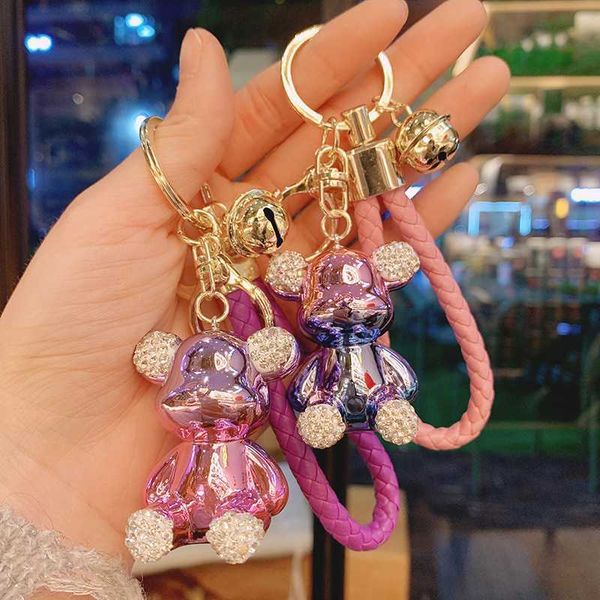 

key rings electroplate rhinestone bear keychain pendant for women bag men car key chain accessories girl gift cartoon anime animal keyring l, Slivery;golden