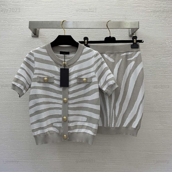 

designer women casual set girl two piece dress zebra print full print gold button knit shirt and hip wrap skirt july15, White
