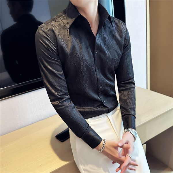 

women's two piece pants spring autumn pleated fabric long sleeve shirt men handsome man lapel design jacquard long sleeved floral 23071, White