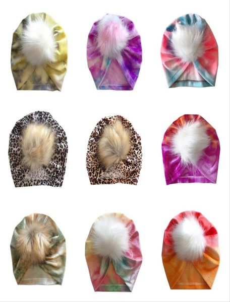 

13 colors newborn toddler tie dye leopard velvet hair ball caps hat baby girls slouchy beanies m29192942187, Yellow