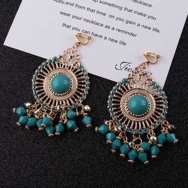 

charm ethnic tassel bohemian clip on earrings without for women boho fringe no pierced no hole earrings resin vintage jewelry r230719, Golden