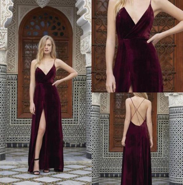 

burgundy prom dress velvet spaghetti evening dresses back criss cross front split custom made floorlength formal party gowns1023689, Black;red