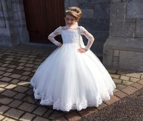 

stylish white ball gown flower girls dress for wedding party high neck full sleeve appliques kid holy communion gown tulle baptism5533133, White;blue