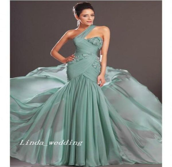 

fluffy modern mint green trumpet mermaid oneshoulder sleeveless sweep brush train chiffon applique evening dresses8191969, Black;red