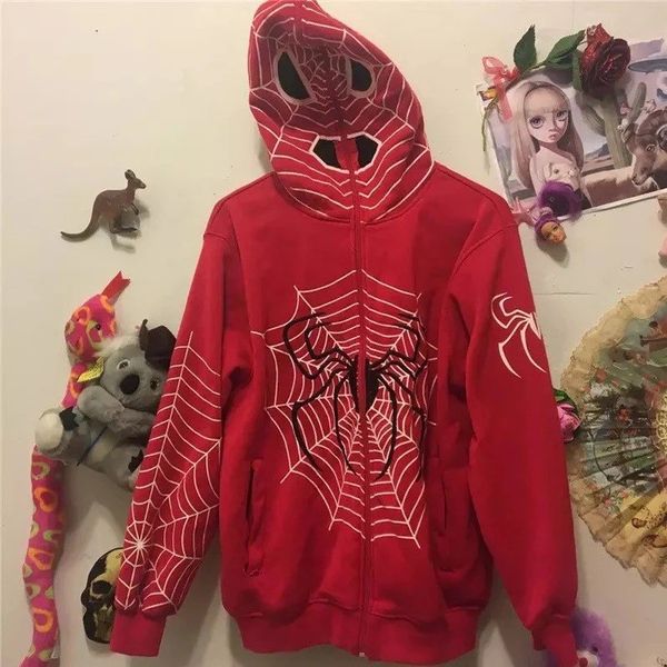 

men's street hoodie spider web red zip hoodie grunge plus sweatshirt jacket, Black