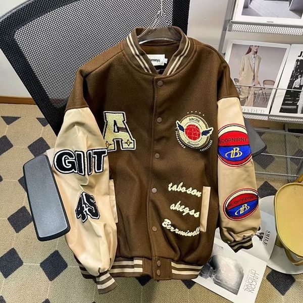 

men's jackets varsity casual american baseball uniform men's spring and autumn embroidery woolen motorcycle jacket youth hong kong, Black;brown