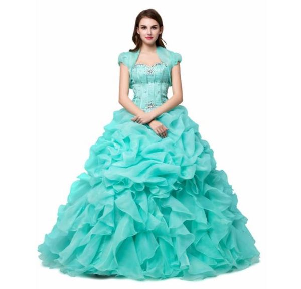 

beautiful ball gown sweetheart sequined beads quinceanera dress for girls sweet 16 ruffled organza turquoise party gown short slee9296822, Blue;red