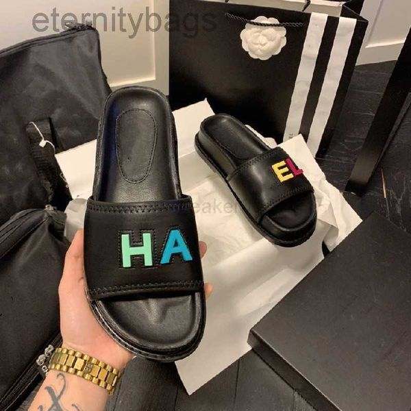 

channel chanl letters multicolor ivory slides slippers slip on thick bottom flat mule platform sandal women summer shoes leather beach pool, Black