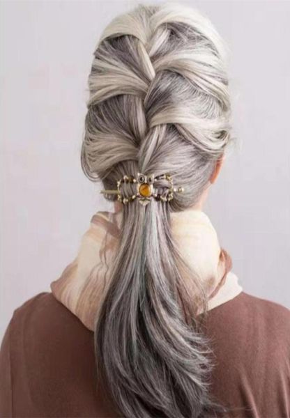 

silver grey human hair ponytail hairpiece wraps around dye natural hightlight salt and pepper gray hair ponytail french brai2775489, Black