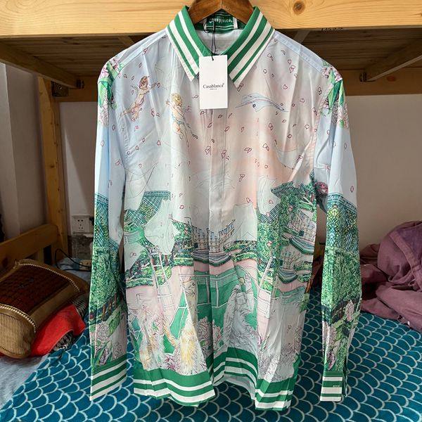 

mens casual shirts stock casablanca real pos tennis club court letter white cat print long sleeve 3xl loose hawaiian shirt 230718, White;black