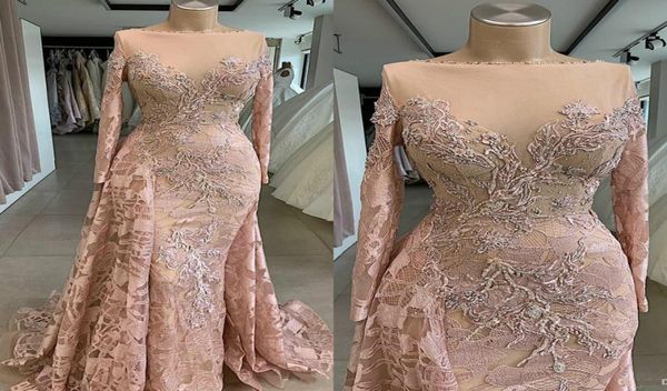 

2020 pink mermaid prom dress bateau neck appliqued beaded long sleeves evening gown ruffle sweep train custom made formal party go6746188, Black;red