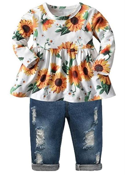 

girls039 clothing baby girl set floral ruffled blouse ripped jeans pants suit237l2104840, White
