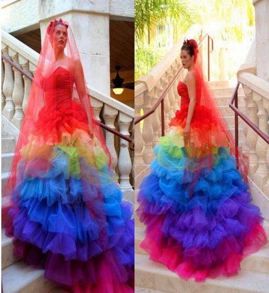 

exotic sweetheart red blue colorful tulle rainbow gothic wedding dresses custom made cascading ruffles plus bridal gown6084870, White
