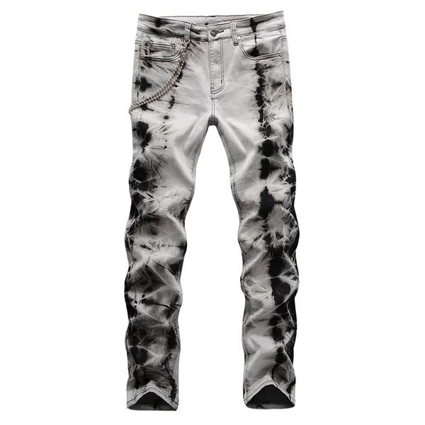 

ginzous men's tie and dyed snow washed denim jeans with chain streetwear slim stretch pants gray black trousers314n, Blue