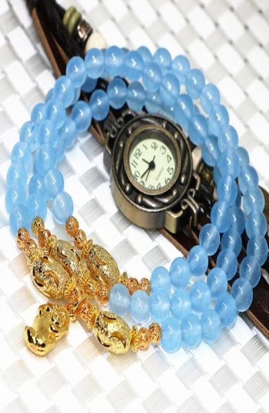 

strand goldcolor accessories natural stone blue chalcedony jades 6mm round beads multilayers long bracelets women pretty jewelry 9814091, Black