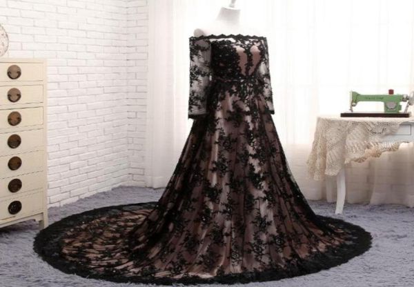 

long sleeves lace prom dresses elegant black off shoulder beaded applique evening gown party dress see through aline long formal 4503496