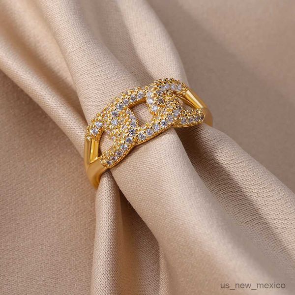 

band rings chain rings for women open adjustable cubic zirconia stainless steel ring vintage wedding party jewelry mujer r230719, Silver