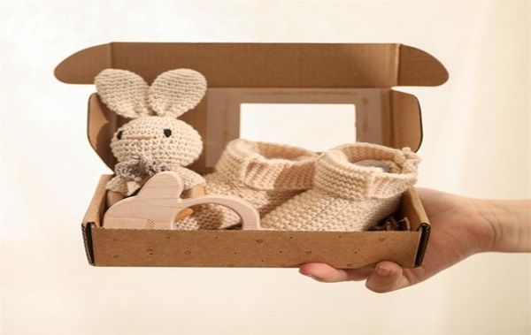 

3pcsset baby rattle rabbit hand crochet shoes set for 012 months born wooden animal teether toys for baby birth gift set 2207144894383