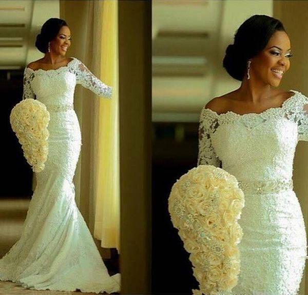 

2021 new elegant lace mermaid wedding dresses with appliques beaded off the shoulder plus size bridal gowns qc1488845646, White