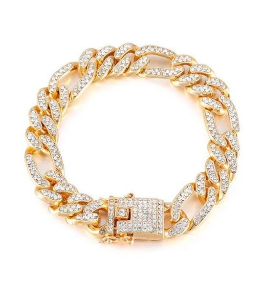 

tb0022 22 cm x 13 mm hip hop heavy full crystals cuban bracelets jewelry for men 18k gold plated no fade7598080, Black