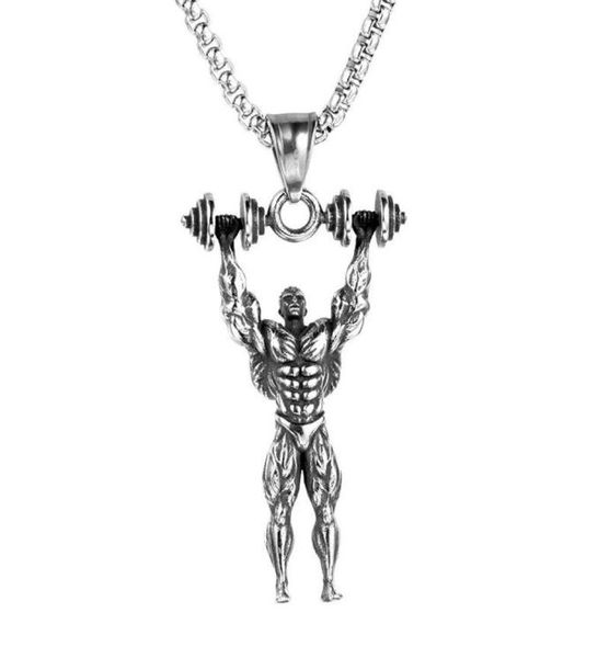 

strong man dumbbell pendant necklace stainless steel chain muscle men sport giftfitness hip hop gym jewelry for male necklaces6846075, Silver