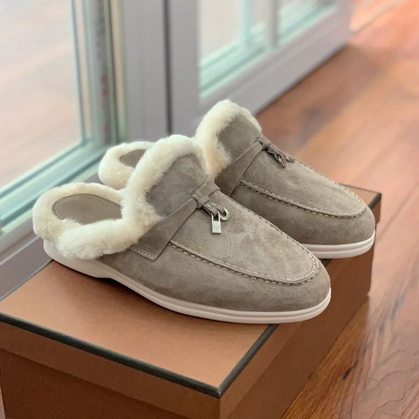 

23ss lp piana winter charms walk suede loafers moccasins shearing wool genuine leather slip on flats women and men luxury designers dress co, Black