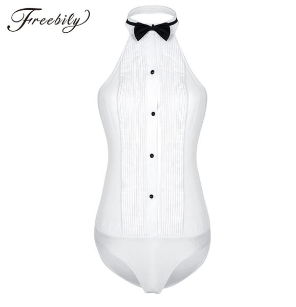 

womens onepiece body shirt sleeveless haltered wing tip collar backless tuxedo shirt bodysuit with bow tie work wear bodysuits y28039597, Black;white