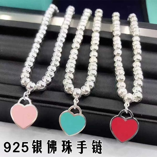 

t di family love round bead bracelet women's 925 sterling silver dropped enamel peach heart red blue pink three color buddha chain, Black