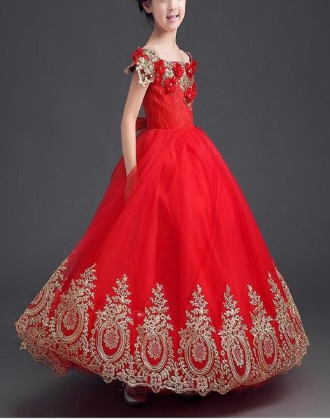 

luxury gold appliques ball gown off the shoulder red long girls pageant dresses kids prom party dresses flower girl dresses ytz1045782807, White;blue