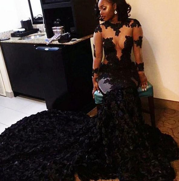 

2020 mermaid prom dresses high neck cap sleeves 3d floral flowers lace long chapel train formal party dress evening gow1061420, Black;red