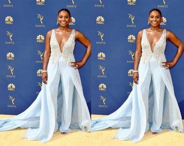 

2019 sheath chiffon jumpsuit evening dresses v neck sweep train with lace applique formal evening party light sky blue red ca5663761, Black;red