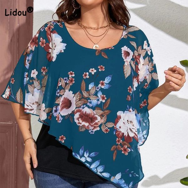 

women's plus size t-shirt shawl chiffon fake two pieces plus size t-shirts casual crew neck floral printing half sleeve ruffles loose p, Black