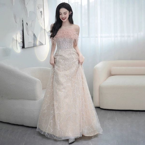 

luxury celebrity dresses boat neck feather sequins a-line lace-up floor-length beading long cocktail woman evening party gowns, Black;red