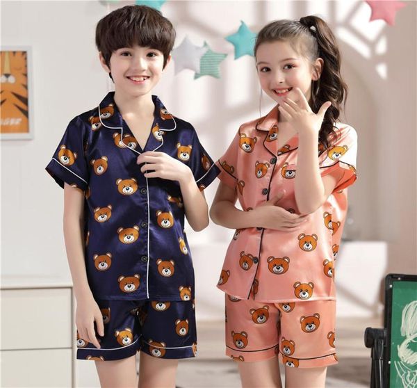 

new lapel printed silk shortsleeved pajamas set girls bear cartoon children039s home wear toddler boy pajamas pjs for kids4605499, Blue;red