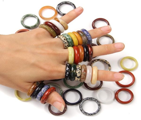 

width 6mm natural mineral ring multicolor black green red agates circle ring gem stone finger rings charms gifts1093611, Golden;silver