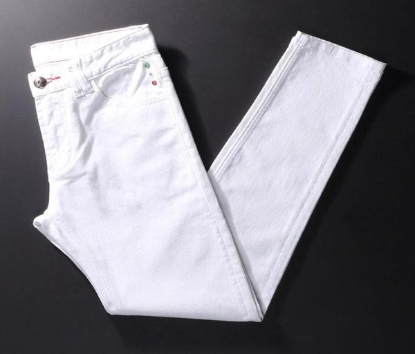 

men039s jeans european vintage fashion men white elastic slim fit retro designer hip hop denim punk pencil pants5926321, Blue