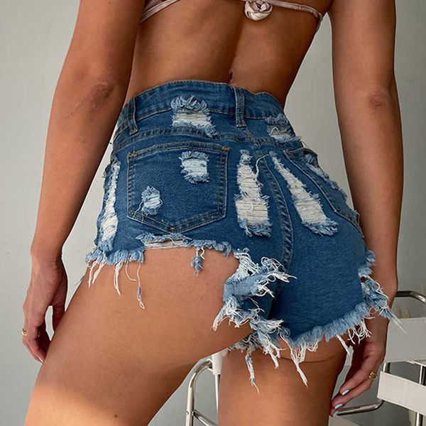 

4006# new denim shorts hole high waist loose tassel jeans 230719, Blue